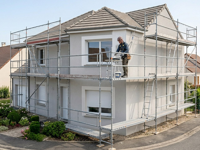 Murs extérieurs de maison en cours de ravalement de façade et peinture de finition extérieure à Mimbaste