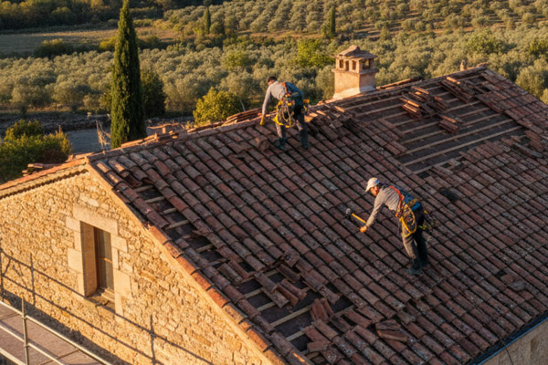 Artisan couvreur en train de réparer et remplacer des éléments de faîtage cimenté sur un toit à Mimbaste
