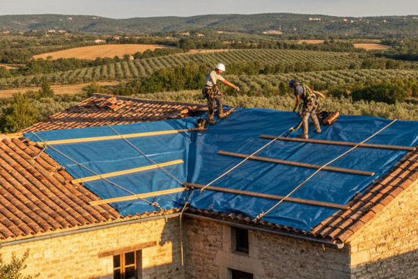 Bâchage d'urgence suite à un sinistre et fuite d'eau sur la toiture d'une maison individuelle à Mimbaste