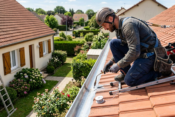 Pose et soudure technique d'une gouttière en zinc neuve par un artisan zingueur professionnel à Mimbaste